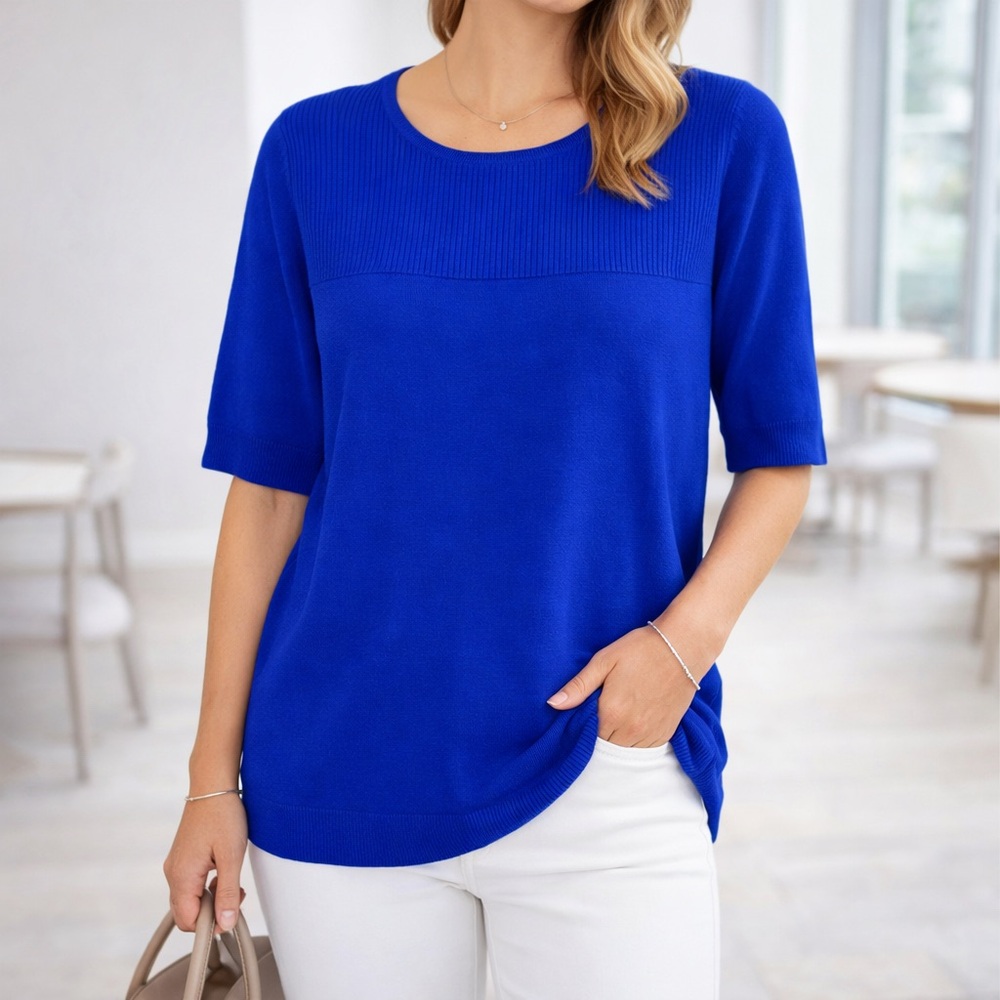 Melissa Paige Blue Lightweight Knit Sweater Short Sleeve Hi Lo Hem NWT XL